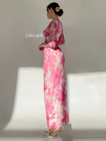Aloruh Romantic Date Night Floral Print Pleated Long Sleeve Dress