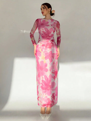 Aloruh Romantic Date Night Floral Print Pleated Long Sleeve Dress
