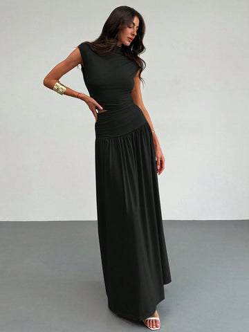 Elegant Stand Collar Pleatered Slim Fit Top And High Waist Skirt
