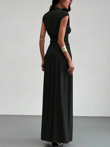 Elegant Stand Collar Pleatered Slim Fit Top And High Waist Skirt