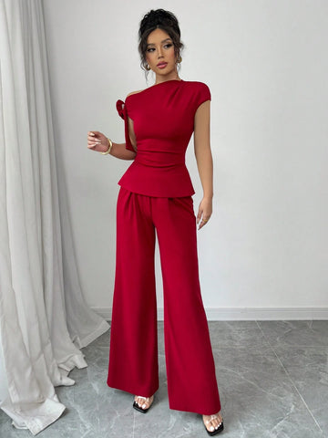2pcs Set Elegant Cinched Waist Asymmetric Shoulder Floral Wide Leg Pants