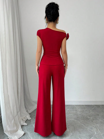 2pcs Set Elegant Cinched Waist Asymmetric Shoulder Floral Wide Leg Pants