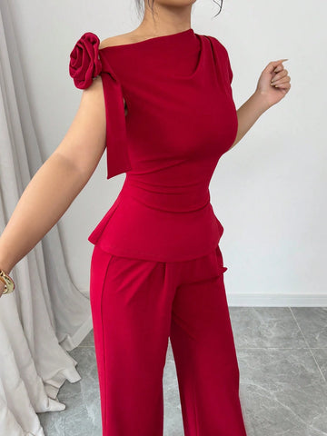 2pcs Set Elegant Cinched Waist Asymmetric Shoulder Floral Wide Leg Pants