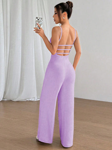 Flirla Solid Color Open Back Camisole Romper