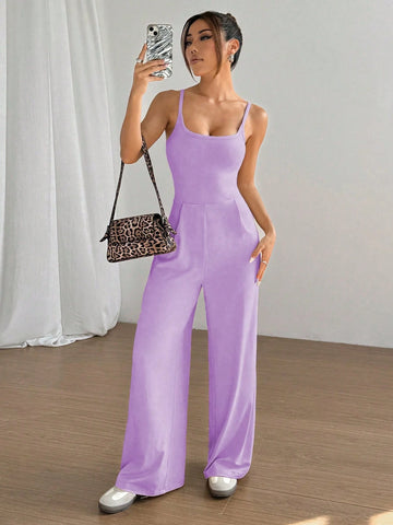 Flirla Solid Color Open Back Camisole Romper