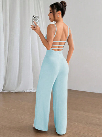 Flirla Solid Color Open Back Camisole Romper