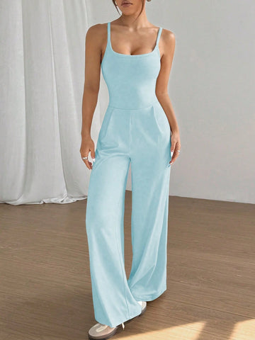 Flirla Solid Color Open Back Camisole Romper