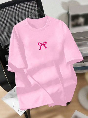 INAWLY Women Casual Pink Bow Print Round Neck Short Sleeve T-Shirt