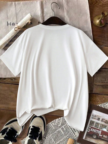 INAWLY Women Casual Pink Bow Print Round Neck Short Sleeve T-Shirt