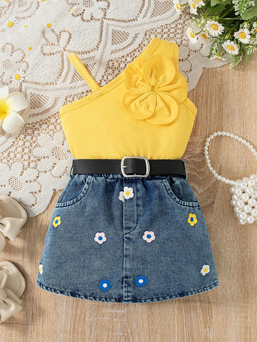 Sweet Cute Street-Style Asymmetric Neck Strap Flower Decor Top Matching Denim Skirt