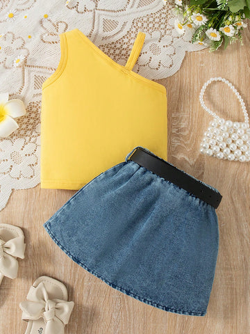 Sweet Cute Street-Style Asymmetric Neck Strap Flower Decor Top Matching Denim Skirt
