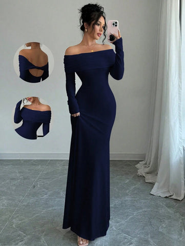 Elegant Fitted Long Sleeve Cinched Waist Double Layer Off-Shoulder Backless Twist Fishtail Hem Ribbed Knit Dress