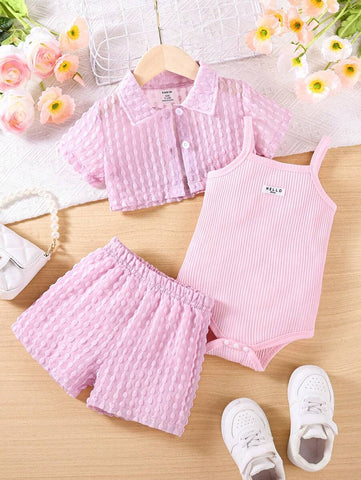 Baby Girls' Holiday Leisure Style Textured Fabric Short Sleeved Shirt + Shorts + Suspenders Romper