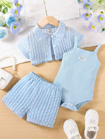 Baby Girls' Holiday Leisure Style Textured Fabric Short Sleeved Shirt + Shorts + Suspenders Romper