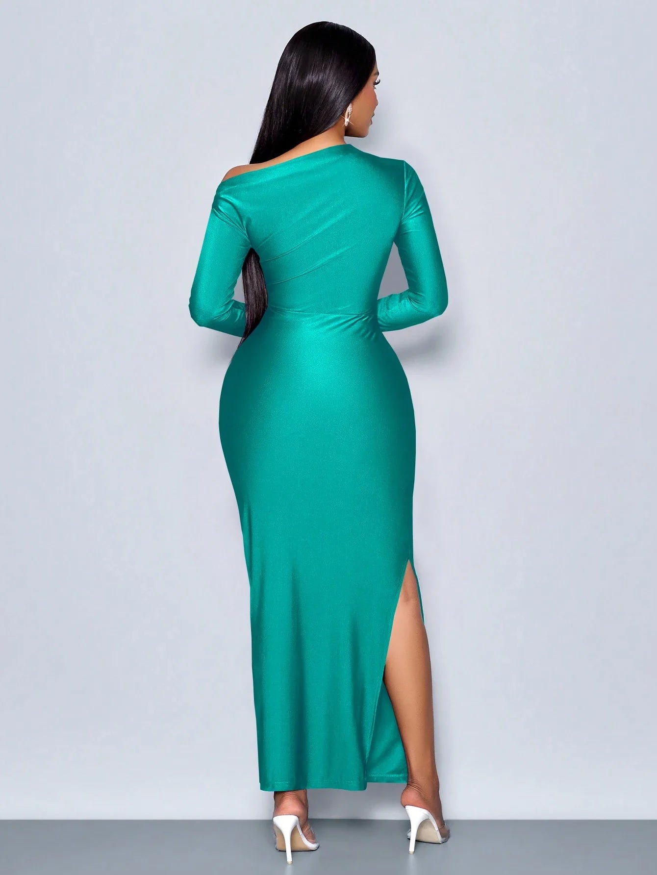 Elegant Asymmetric Neckline Ruched Side Bodycon Dress