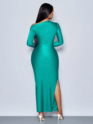 Elegant Asymmetric Neckline Ruched Side Bodycon Dress