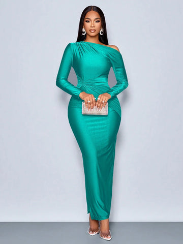 Elegant Asymmetric Neckline Ruched Side Bodycon Dress