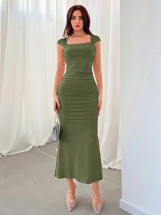 Aloruh Women's Solid Color Square Neck Ruffle Hem Elegant Dress