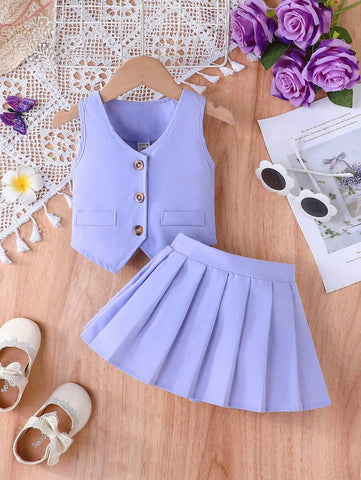 2pcs/Set Baby Girls Summer Sleeveless Top And Skirt Set
