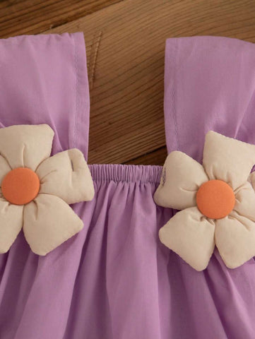 Baby Girls' Solid Color 3D Floral Decor Sweet Sling Dress And Hat