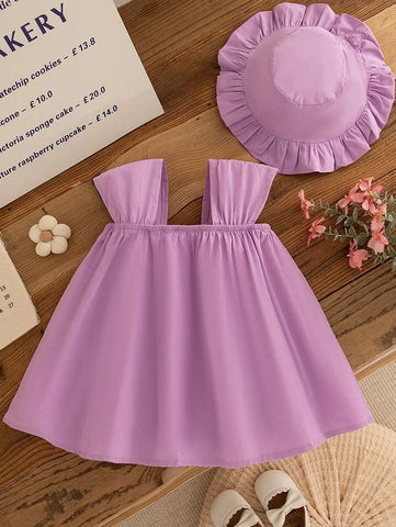 Baby Girls' Solid Color 3D Floral Decor Sweet Sling Dress And Hat