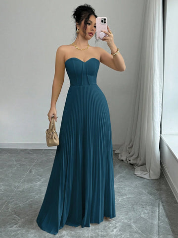 Elenzga Strapless Ruched Waist A-Line Elegant & Romantic Dress