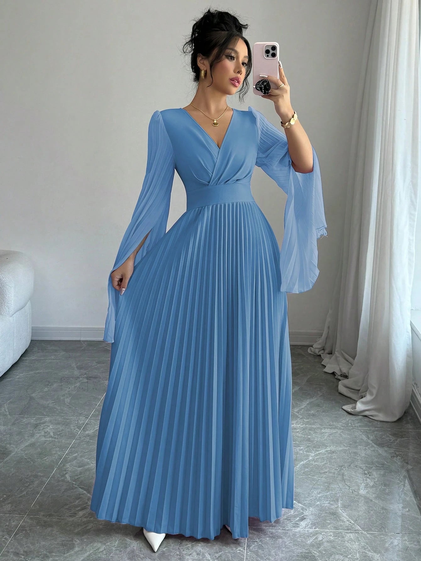 Elenzga V-Neck Pleated Open Sleeve Elegant Romantic Women Dress