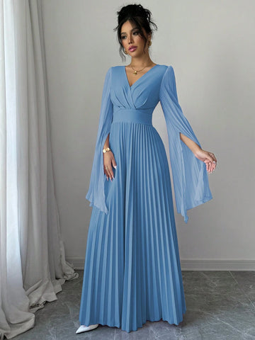 Elenzga V-Neck Pleated Open Sleeve Elegant Romantic Women Dress