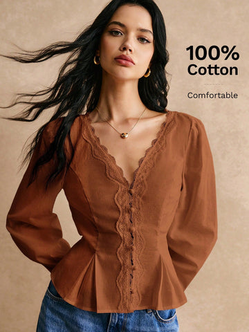 Poéselle Cotton Elegant Lace Trimmed Waist Button Detail Shirt