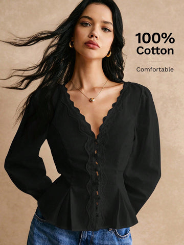 Poéselle Cotton Elegant Lace Trimmed Waist Button Detail Shirt