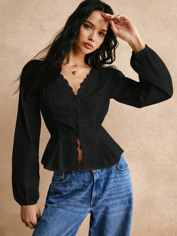 Poéselle Cotton Elegant Lace Trimmed Waist Button Detail Shirt