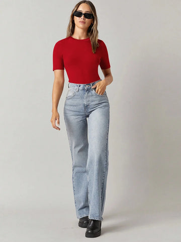 BASICS Women's Solid Color Round Neck Short Sleeve Slim Fit Bodysuit