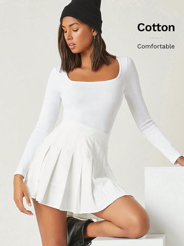 BASICS Women Solid Color Long Sleeve Fitted Casual Top