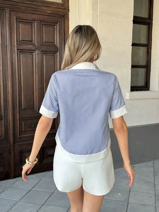Women's Striped Patchwork Contrast Color Lapel Pocket Short Sleeve Casual Shirt