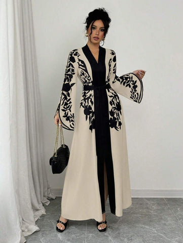 Clasi 1pc Women's Solid Color Splice Long Sleeve Printed Minimalist Long Casual Dress