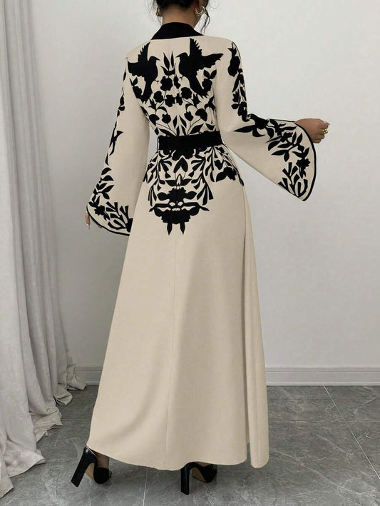 Clasi 1pc Women's Solid Color Splice Long Sleeve Printed Minimalist Long Casual Dress