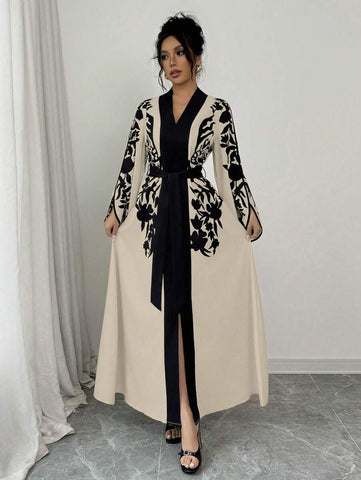 Clasi 1pc Women's Solid Color Splice Long Sleeve Printed Minimalist Long Casual Dress