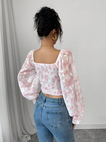 Raffinéa Floral Print Flounce Sleeve Ruched Chiffon Blouse