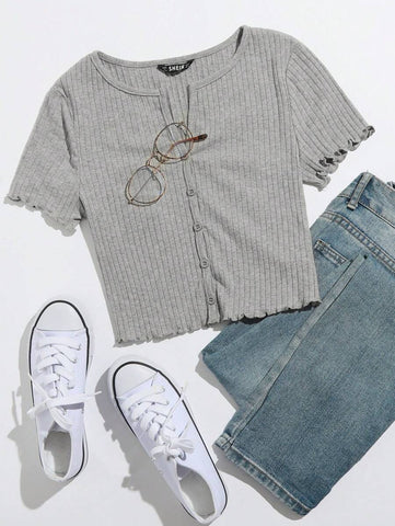 EZwear Button Front Lettuce Trim Rib-knit Tee