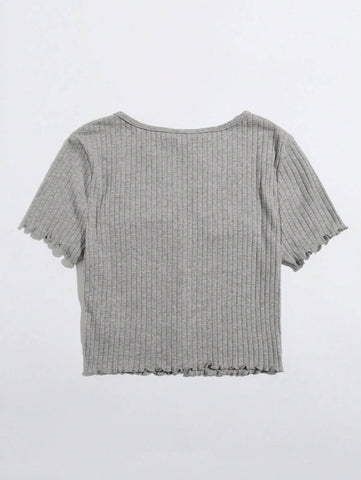 EZwear Button Front Lettuce Trim Rib-knit Tee