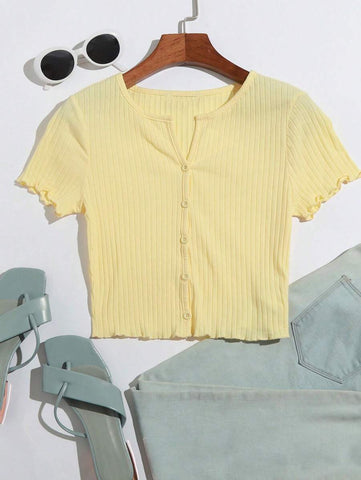 EZwear Button Front Lettuce Trim Rib-knit Tee