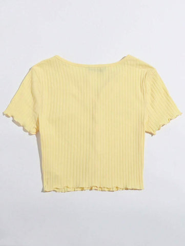 EZwear Button Front Lettuce Trim Rib-knit Tee