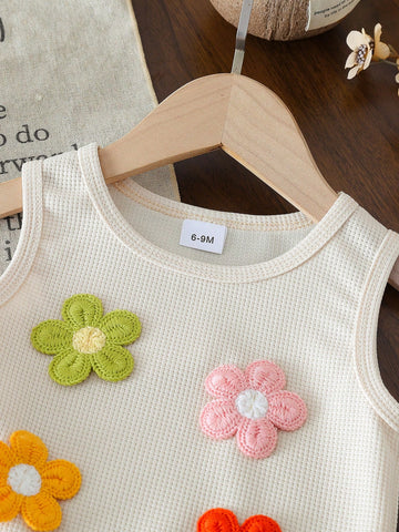 Bohemian Style Textured Waffle Floral Decor Sleeveless Top And Waffle Apricot Fringe Shorts