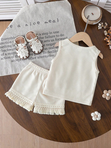 Bohemian Style Textured Waffle Floral Decor Sleeveless Top And Waffle Apricot Fringe Shorts