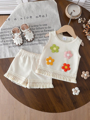 Bohemian Style Textured Waffle Floral Decor Sleeveless Top And Waffle Apricot Fringe Shorts