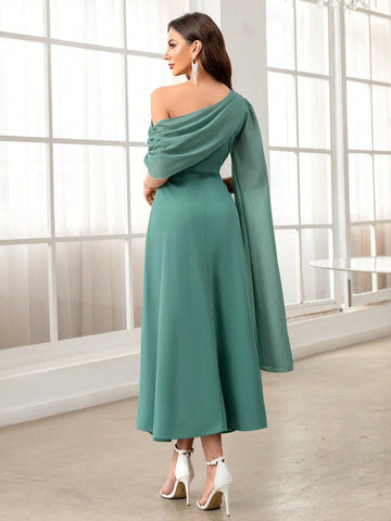 Modelyn Women's Oblique Shoulder Solid Color Long Casual Dress