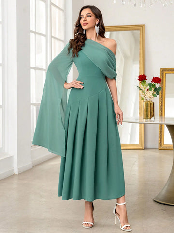 Modelyn Women's Oblique Shoulder Solid Color Long Casual Dress