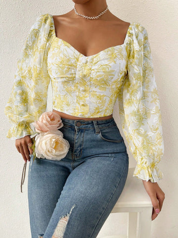 Raffinéa Floral Print Flounce Sleeve Ruched Chiffon Blouse