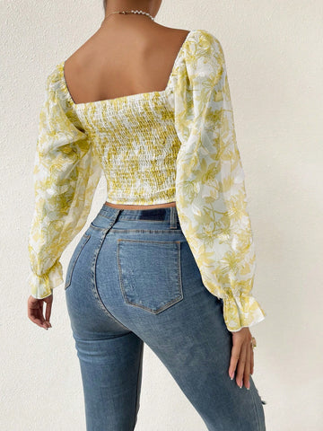 Raffinéa Floral Print Flounce Sleeve Ruched Chiffon Blouse
