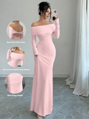 Elegant Fitted Long Sleeve Cinched Waist Double Layer Off-Shoulder Backless Twist Fishtail Hem Ribbed Knit Dress